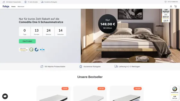 Website Screenshot: Foleja GmbH - Hochwertige Matratzen jetzt online kaufen - Date: 2023-06-20 10:41:19