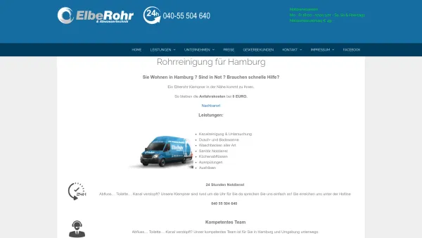 Website Screenshot: ElbeRohr Rohrreinigung Hamburg - Rohrreinigung für Hamburg 0€ Anfahrt Klempner & Sanitär Notdienst | ElbeRohr & Abwassertechnik Hamburg - Date: 2023-06-20 10:41:22