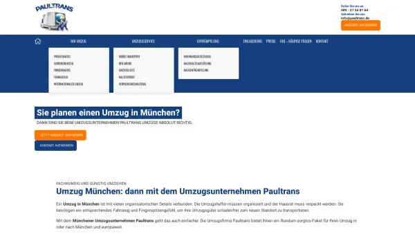 Website Screenshot: Paultrans München - Umzugsunternehmen München. Umzug 2022 mit Paultrans Umzüge - Date: 2023-06-20 10:41:33