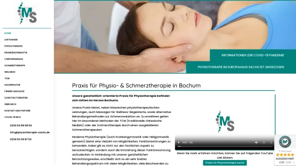 Website Screenshot: Physiotherapie und Schmerztherapie Michael Sachs - Physiotherapeut in Bochum - Physiotherapie Michael Sachs - Date: 2023-06-20 10:41:33