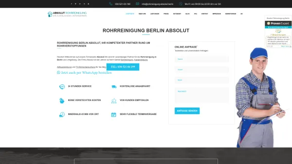 Website Screenshot: Rohrreinigung Absolut Berlin - Rohrreinigung Berlin ABSOLUT® Abflussreinigung 0 € Anfahrt - Date: 2023-06-20 10:41:36