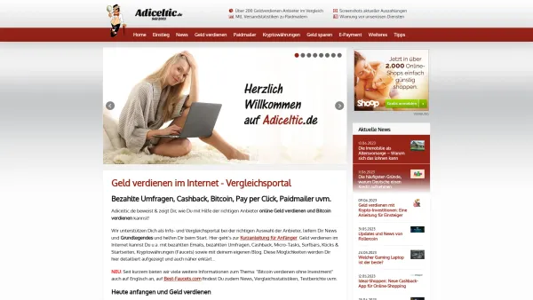 Website Screenshot: Adiceltic Geld verdienen im Internet - Vergleichsportal zum Online Geld verdienen - Date: 2023-06-16 10:10:51
