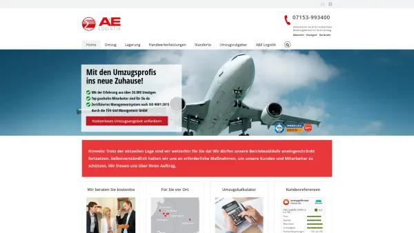 Website Screenshot: A&E Logistik - Umzug Stuttgart, Karlsruhe, München: A&E Logistik Umzugsunternehmen - Date: 2023-06-16 10:10:51