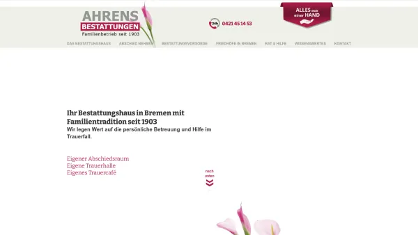 Website Screenshot: Ahrens Bestattungen GmbH -  Familienbetrieb seit 1903 - Start - Ahrens Bestattungen - Date: 2023-06-16 10:10:51