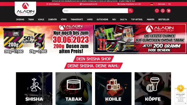 Website Screenshot: Aladin Shisha Shop - Shisha Shop - Shishas | Tabak | Zubehör - online kaufen - Date: 2023-06-20 10:41:45