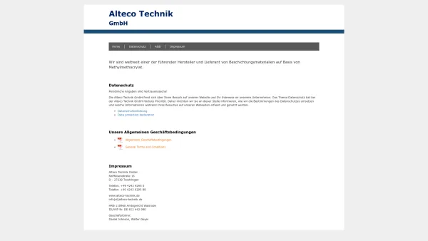 Website Screenshot: Alteco Technik GmbH - Alteco Technik GmbH - einer der führenden Hersteller und Lieferant von Methylmethacrylat MMA - Date: 2023-06-16 10:10:54