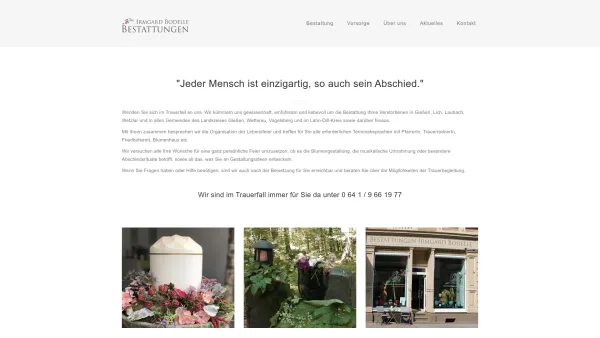 Website Screenshot: Bestattungen Irmgard Bodelle
"Abschied leben" Erdbestattung, Islamische Bestattung, - Bestattungen Irmgard Bodelle - in Gießen, Laubach und Lich - Date: 2023-06-16 10:11:19