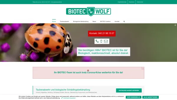 Website Screenshot: BIOTEC KW Wolf GmbH - Home – Taubenabwehr, Biologische Schädlingsbekämpfung und Kammerjäger | BIOTEC KW Wolf GmbH - Date: 2023-06-16 10:11:20