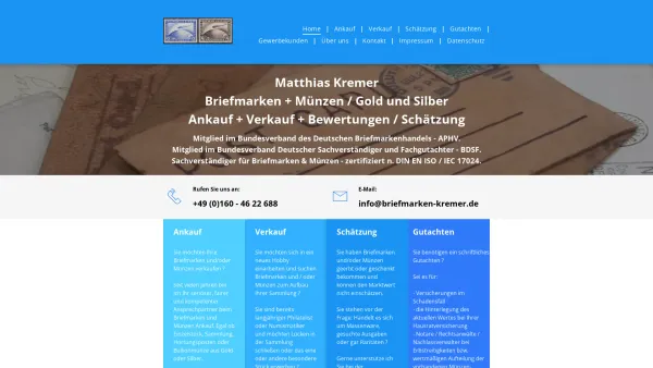 Website Screenshot: Matthias Kremer Briefmarken + Münzen - Matthias Kremer Fachhändler + Sachverständiger für Briefmarken Münzen - Date: 2023-06-20 10:41:53