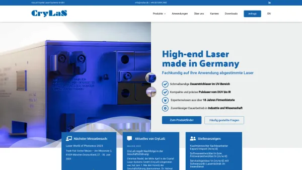 Website Screenshot: CryLaS Crystal Laser Systems GmbH - Pulslaser und CW-Laser von CryLaS – Crystal Laser Systems - Date: 2023-06-16 10:11:39