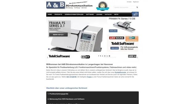 Website Screenshot: A&B Bürokommunikation - Frankiermaschinen | Falzmaschinen | elektr. Brieföffner - Date: 2023-06-20 10:41:59