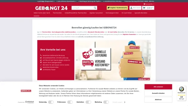Website Screenshot: GEBONGT24 Online Großhandel für Bonrollen, Thermorollen, Kassenrollen - Bonrollen | Günstig kaufen | Portofrei | GEBONGT24 - Date: 2023-06-20 10:42:02