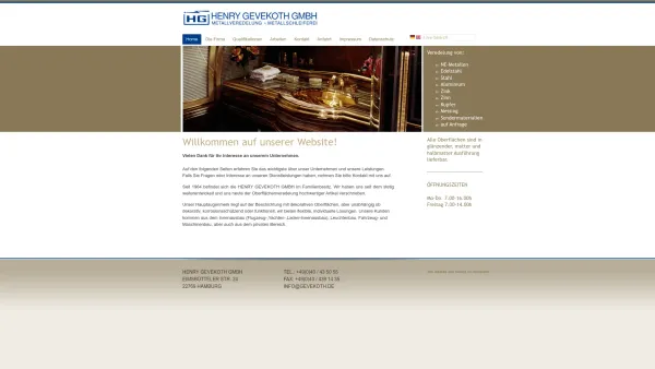 Website Screenshot: GEVEKOTH, HENRY GMBH -  METALLVEREDELUNG · METALLSCHLEIFEREI  SEIT 1930 - Verzinken, Verchromen, Verkupfern, Vernickeln, Verzinnen, Eloxieren, Versilbern - Henry Gevekoth GmbH - Metallveredelung - Date: 2023-06-16 10:12:24