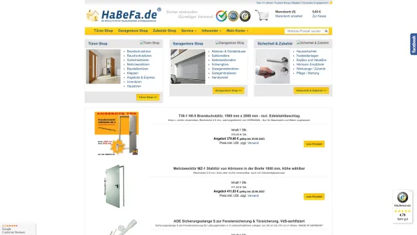 Website Screenshot: HaBeFa.de ein Angebot der SITEBAH GmbH - HaBeFa - Günstig Brandschutztüren, Feuerschutztüren, Rauchschutztüren, Sicherheitstüren, Aluminiumhaustüren, Mehrzwecktüren u. Fenstersicherungen, Fenstergitter u. Panzerriegel bei HaBeFa.de online bestellen. - Date: 2023-06-20 10:37:44