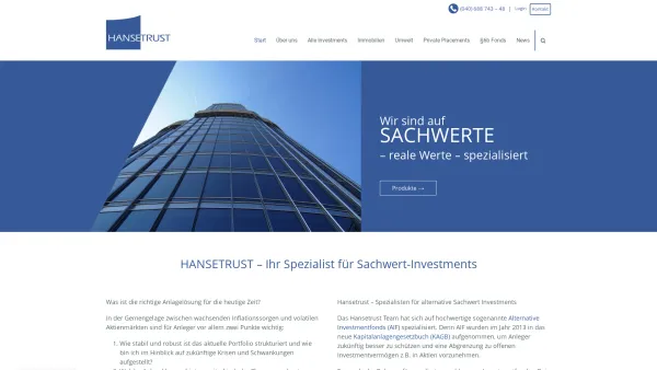 Website Screenshot: Hansetrust Sachwertanlagen und Investmentvermögen - Sachwerte - Investments in geschlossene Fonds (AIF's) - Date: 2023-06-20 10:42:03