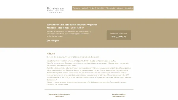 Website Screenshot: Harries GmbH - Harries GmbH – Münzen, Medaillen und Edelmetalle Ankauf und Verkauf in Hamburg - Date: 2023-06-20 10:37:47