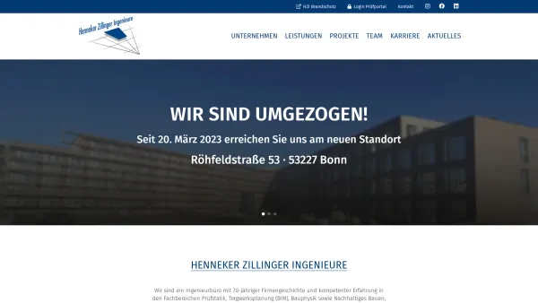 Website Screenshot: Henneker, Zillinger Ingenieure, Ingenieurbüro für Baustatik, Prüfstatik, Brandschutz - HZI Bonn | Henneker Zillinger Ingenieure - Date: 2023-06-20 10:37:59