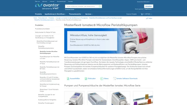 Website Screenshot: Ismatec Laboratoriumstechnik GmbH - Masterflex® Ismatec® Microflow Peristaltikpumpen | VWR - Date: 2023-06-20 10:38:07
