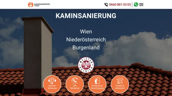 Website Screenshot: Kaminsanierung in Wien und Umgebung - Kaminsanierung, Kaminschleifen, Kaminkopfsanierung, Rauchfangaufsätze in Wien - Date: 2023-06-20 10:42:08
