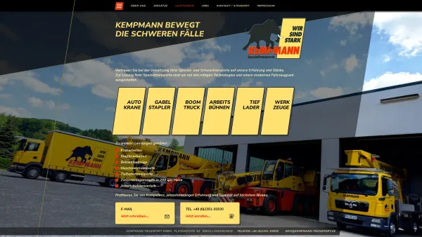 Website Screenshot: Kempmann Transport -  Autokrane,  Gabelstapler 1 bis 25 t, Boom-Truck 65t, Kranverleih, Parterrearbeiten - Kempmann-Transport - Leistungen - Date: 2023-06-20 10:38:16