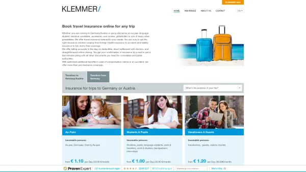 Website Screenshot: KLEMMER INTERNATIONAL Assekuranzmakler GmbH - Book tailor-made travel insurance online - KLEMMER - Date: 2023-06-20 10:38:19