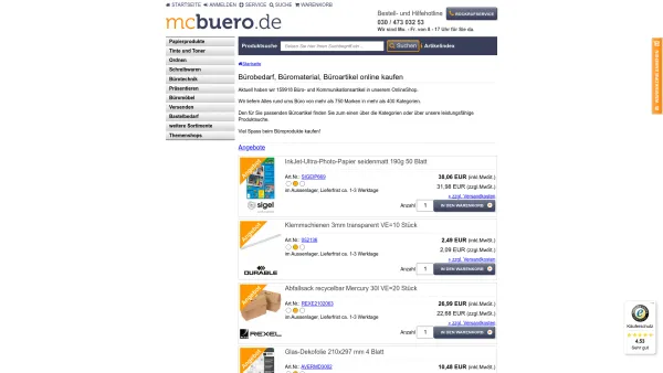 Website Screenshot: Mc Büro GmbH -  Ihr Lieferant für Bürobedarf,  Büromaterial ... - Bürobedarf und Büromaterial online kaufen | mcbuero.de - Date: 2023-06-20 10:38:39