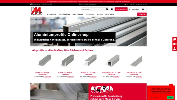 Website Screenshot: MEPA Metallhandelspartner GmbH - Mepa-Shop - Der Online-Shop Für Aluminium-Profile - Date: 2023-06-20 10:38:43