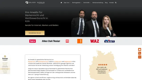 Website Screenshot: Obladen Gaessler Rechtsanwälte GbR - OBLADEN · GAESSLER Rechtsanwälte Für Urheberrecht, Markenrecht, Wettbewerbsrecht - Date: 2023-06-20 10:39:11