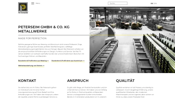 Website Screenshot: Peterseim GmbH & Co.KG Metallwerke - Hersteller von nahtlos gezogenen Messingrohren und Aluminiumrohren - Date: 2023-06-20 10:39:31