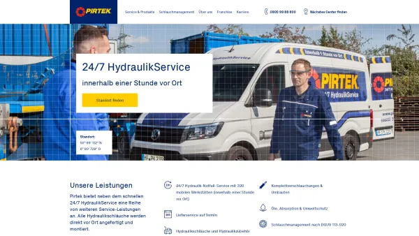 Website Screenshot: Pirtek Schläuche + Armaturen Service-Center Frankfurt -  24-h Sofort-Service-vor-Ort - 24/7 Hydraulik-Service | Pirtek | Innerhalb einer Stunde vor Ort - Date: 2023-06-20 10:39:32
