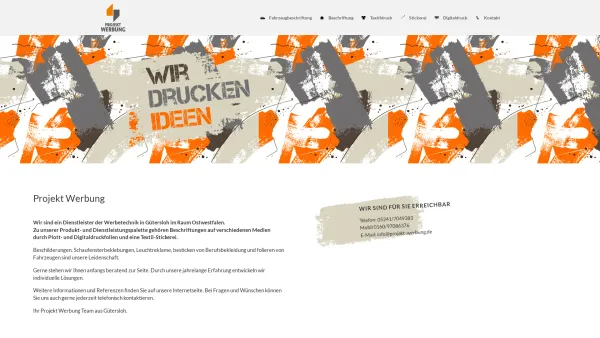 Website Screenshot: Projekt Werbung - Projekt Werbung | Kreis Gütersloh | Fahrzeugbeschriftung, Textildruck, Stickerei - Date: 2023-06-20 10:39:42