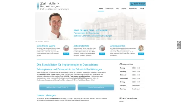 Website Screenshot: Zahnklinik Bad Wildungen GmbH - Zahnimplantate, Angstpatient und sofort festsitzende Zähne an einem Tag | Zahnklinik Bad Wildungen - Date: 2023-06-20 10:39:47