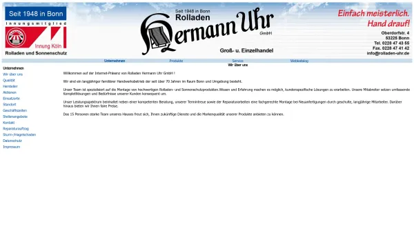 Website Screenshot: Uhr GmbH -  Meisterbetrieb, Groß- u. Einzelhandel - Rolladen Uhr - Bonn - Rolläden, Markisen, Jalousien, Sonnenschutz und Tore - Date: 2023-06-20 10:40:07