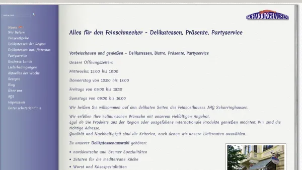 Website Screenshot: Scharringhausen Feinkost-Spezialitäten -  Tradition verpflichtet - seit 1862 - delikat essen mit Scharringhausen - Spezialitaeten-Praesentkorb-Geschenke-Delikatessen - Date: 2023-06-20 10:40:14
