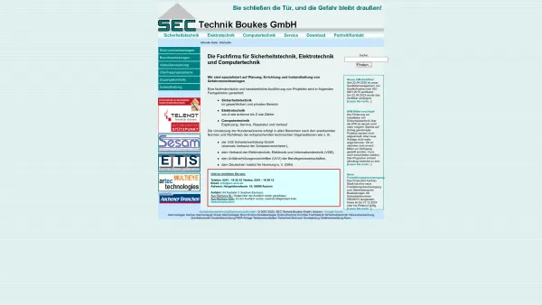 Website Screenshot: SEC Technik Boukes GmbH - SEC Technik Boukes GmbH - Alarmanlagen Sicherheit - Sicherheitstechnik, Elektrotechnik, Computertechnik in Aachen - Date: 2023-06-20 10:40:22