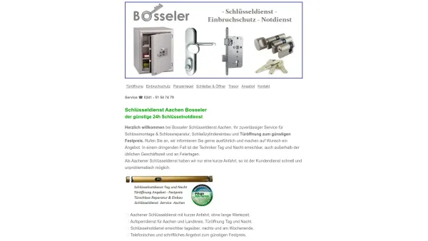 Website Screenshot: Bosseler Schlüsseldienst Aachen - Schlüsseldienst Aachen Bosseler - 24h Schlüsselnotdienst - Date: 2023-06-20 10:42:28