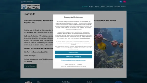 Website Screenshot: Tauchschule Blue water - Tauchen lernen in Hannover - Tauchschule Blue Water - Date: 2023-06-20 10:40:37