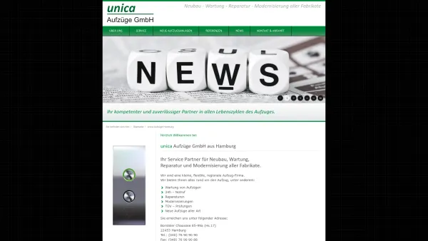 Website Screenshot: unica Aufzüge GmbH - Ihr kompetenter und zuverlässiger Partner in allen Lebenszyklen des Aufzuges. unica Aufzüge GmbH Hamburg - Date: 2023-06-20 10:40:51