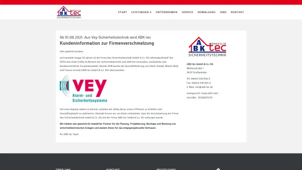 Website Screenshot: Alarm- und Sicherheitssysteme VEY - Kundeninformation » ABK-tec Sicherheitstechnik - Date: 2023-06-20 10:40:54