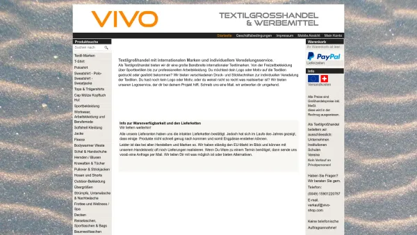 Website Screenshot: VIVO Textilgroßhandel Textildruck Textilstick Werbemittel - VIVO Textilgroßhandel -T-Shirt Poloshirt Sweatshirt Jacke Hose - Date: 2023-06-20 10:40:54
